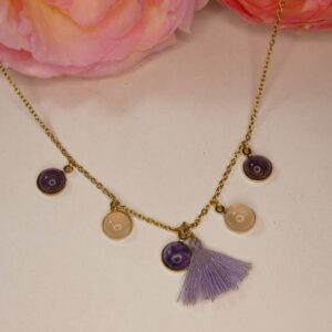 Collier doré et cabochons en améthyste, quartz rose et lépidolite. Bijou Sophia Célesta